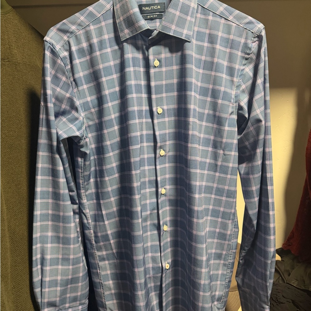 Nautica Men's Blue Plaid Dress Shirt - Small